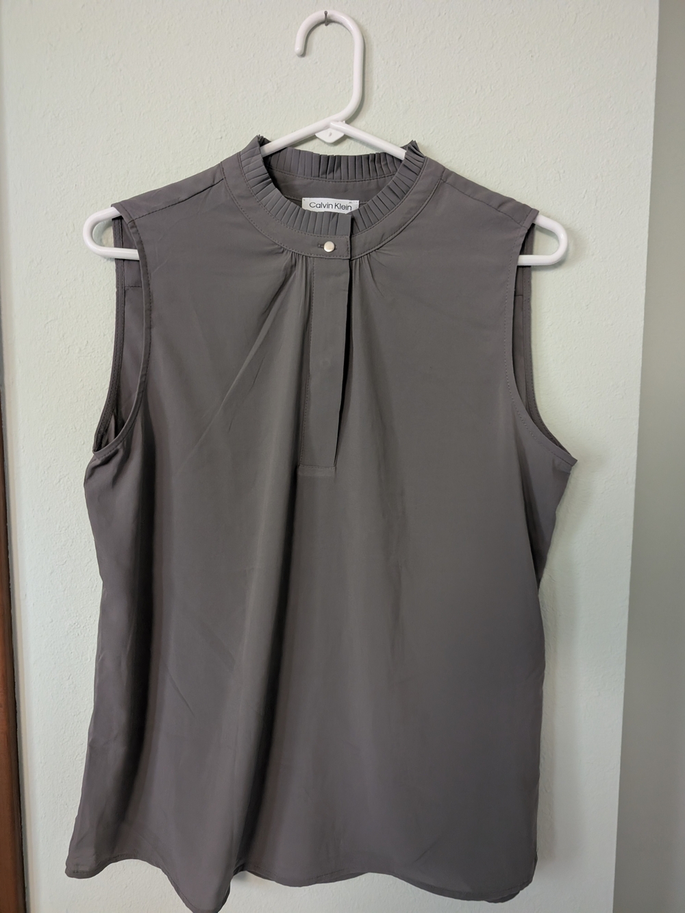 Calvin Klein Sleeveless Mock Neck Blouse in Charcoal Gray